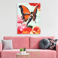 Vintage Vlinder Fee Meisje Roze Roos Bloem Kunst