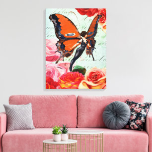Vintage Vlinder Fee Meisje Roze Roos Bloem Kunst Canvas Afdruk