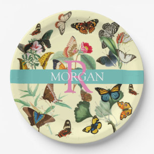 Vintage Vlinders, Monogram & Naam, Bleek Geel Papieren Bordje
