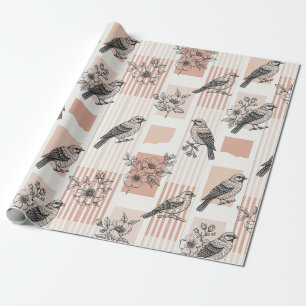 Vintage Vogel Bloesem Toile Streep (11) Cadeaupapier