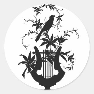 Vintage Vogel & Lier Silhouet Botanische Muziek Ronde Sticker