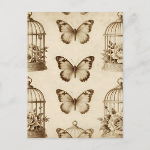 Vintage Vogelkooi Vlinder Roos Sepia Patroon Briefkaart