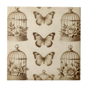 Vintage Vogelkooi Vlinder Roos Sepia Patroon Tegeltje
