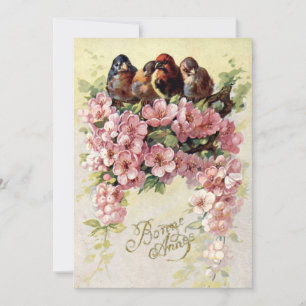 Vintage Vogels & Bloemen Bonne Annee Feestdagenkaart