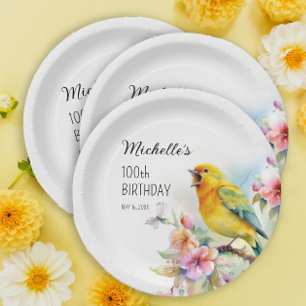 Vintage Vogels Kanaries Bloemen 100ste Verjaardag Papieren Bordje