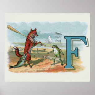 Vintage Vos-en-Kikkervis Strand Whimsische Illustr Poster