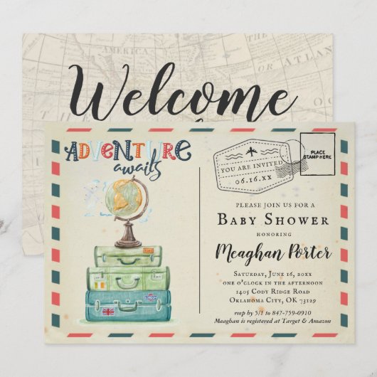 Vintage voyage Baby shower à thème Invitation (Devant / Derrière)