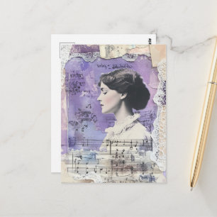 Vintage Vrouw Collage Bladmuziek Paars Briefkaart