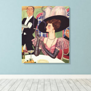 Vintage vrouw die sigaret rookt en champagne drink canvas afdruk