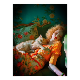 Vintage Vrouw en Kat Muurkunst – Romantisch Bloemm Perfect Poster