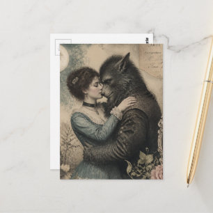 Vintage vrouw en weerwolf verliefd briefkaart