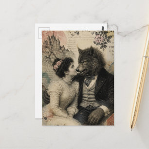 Vintage Vrouw en Weerwolf Verliefd Collage Briefkaart