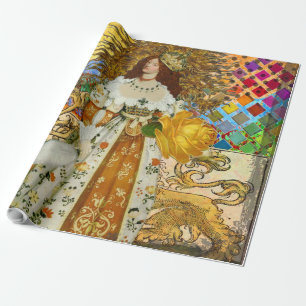 Vintage Vrouw Gouden Zon: Leeuw Zodiac Collage Kun Cadeaupapier