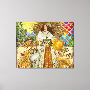 Vintage Vrouw Gouden Zon: Leeuw Zodiac Collage Kun Canvas Afdruk