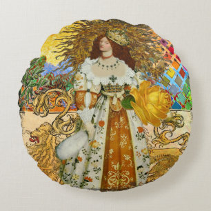Vintage Vrouw Gouden Zon: Leeuw Zodiac Collage Kun Rond Kussen