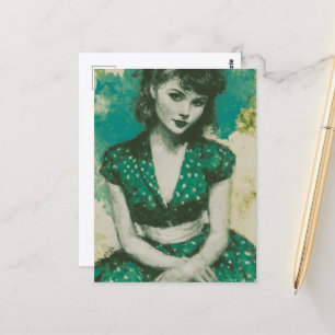 Vintage vrouw in een groene en witte stippenjurk briefkaart