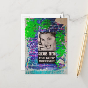 Vintage vrouw maakt tanden schoon Blauw Groen Coll Briefkaart