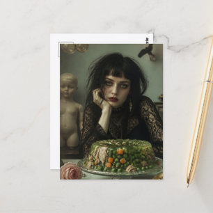 Vintage vrouw met een retro gelatinesalade briefkaart