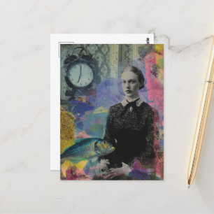 Vintage Vrouw Met Vis Mixed Media Collage Briefkaart
