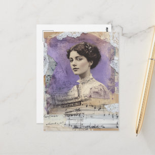 Vintage Vrouw Mixed Media Collage Bladmuziek Briefkaart