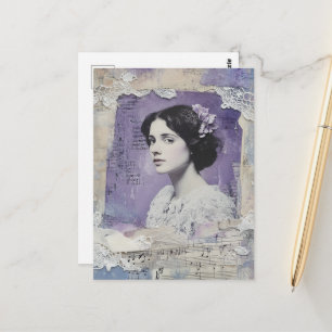 Vintage Vrouw Paarse Collage Bladmuziek Briefkaart