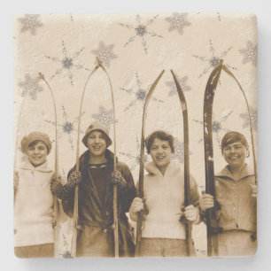 Vintage vrouwen met een Hout Skis Sepia Foto Stenen Onderzetter