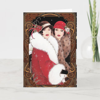 Vintage vrouwen uit de jaren 20 in winterjassen feestdagen kaart