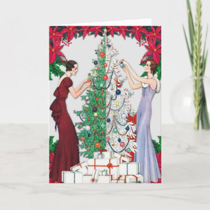 Vintage vrouwen uit de jaren 20 versieren kerstboo feestdagen kaart