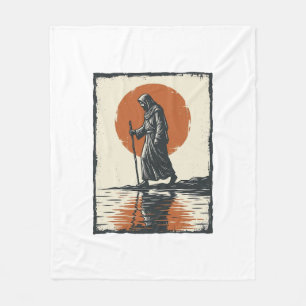 Vintage Wandelende Figuur Zonsondergang Reflectie  Fleece Deken
