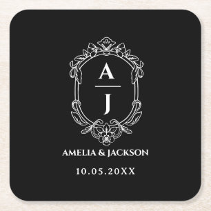 vintage wapen wedding, monogram bloem vierkante kartonnen onderzetter