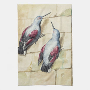 Vintage watercolor kunst van rode en grijze vogel theedoek