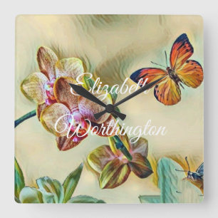 Vintage Watercolor Pink Yellow Orchid Flowers Vierkante Klok