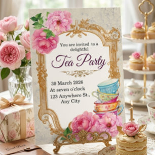 Vintage Waterverf Bloemthee Party Victoriaans  Kaart