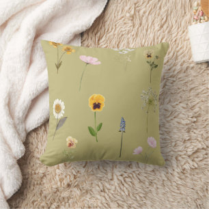 Vintage Waterverf Wildflowercollage op Saliegroen Kussen