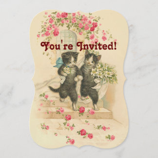 Vintage Weddenschap Kat Couple Soft Gold Invitatio Kaart
