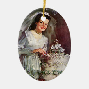 Vintage Wedding, Bride die de bruiloft pakt Keramisch Ornament