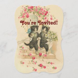 Vintage Wedding Cat Couple Soft Gold Invitation