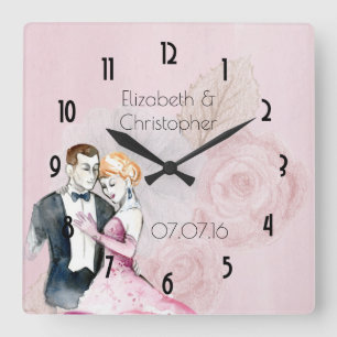 Vintage Wedding Couple op roze rozen gepersonalise Vierkante Klok