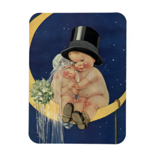 Vintage Wedding, Cute Bride en Groom on a Moon Magneet