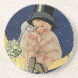 Vintage Wedding, Cute Bride en Groom on a Moon Zandsteen Onderzetter