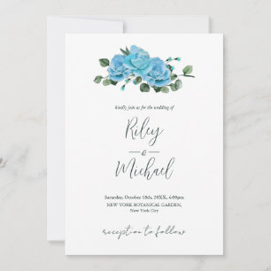 Vintage Wedding Flowers Rustic Blue Rozen Invitat Kaart