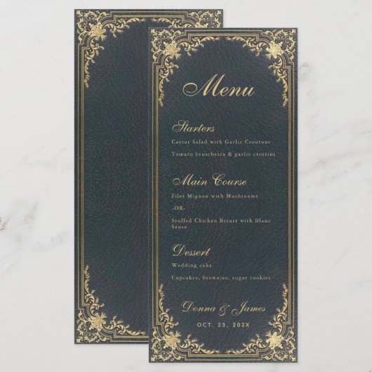 Vintage Wedding Menu - Blue Gold Elegant Script (Voorkant / Achterkant)