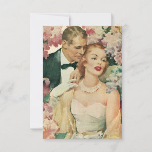 Vintage Wedding Portrait, Retro Bride en Groom RSVP Kaartje