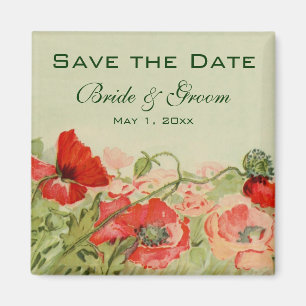 Vintage Wedding, Red Poppies Flowers Save the Date Magneet
