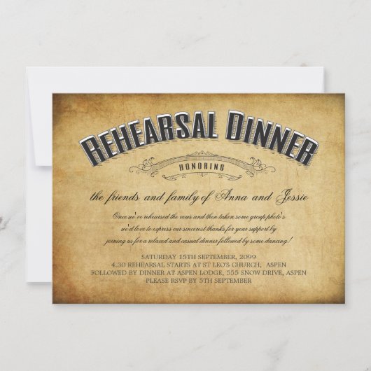 Vintage Wedding Rehearsal Dinner Invite Kaart (Voorkant)