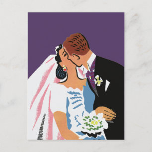 Vintage Wedding, Retro Bride en Groom Kissing Briefkaart