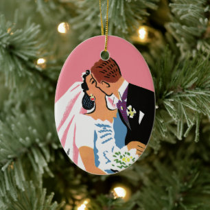 Vintage Wedding, Retro Bride en Groom Kissing Keramisch Ornament