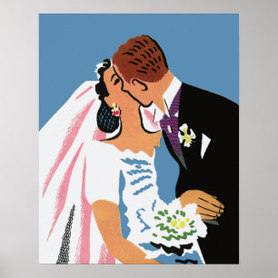Vintage Wedding, Retro Bride en Groom Kissing Poster