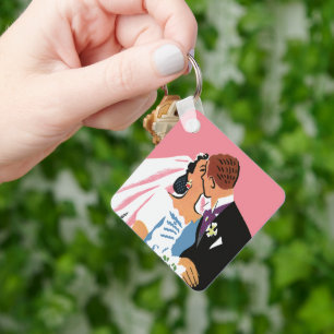 Vintage Wedding, Retro Bride en Groom Kissing Sleutelhanger