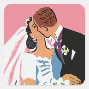 Vintage Wedding, Retro Bride en Groom Kissing Vierkante Sticker